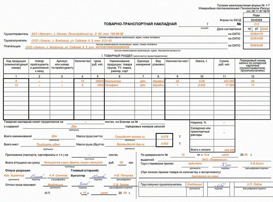 Заполнение товарно транспортной накладной 1 т образец заполнения